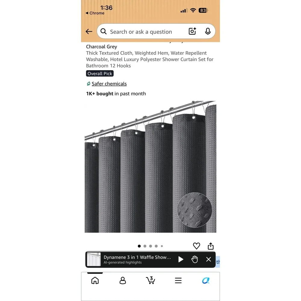 72x72 Inch Charcoal Grey Waffle Weave Shower Curtain w/hooks 3 in 1 technology